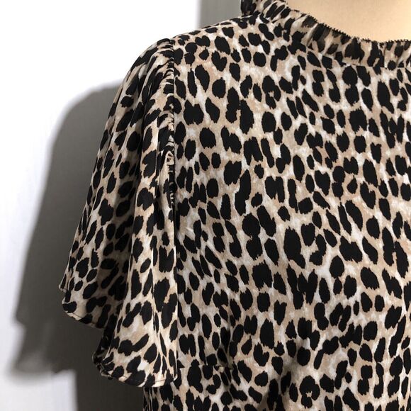 Loft Dress Womens XL Brown Black Leopard Print Babydoll Ruffle Flutter Sleeve - Picture 5 of 16